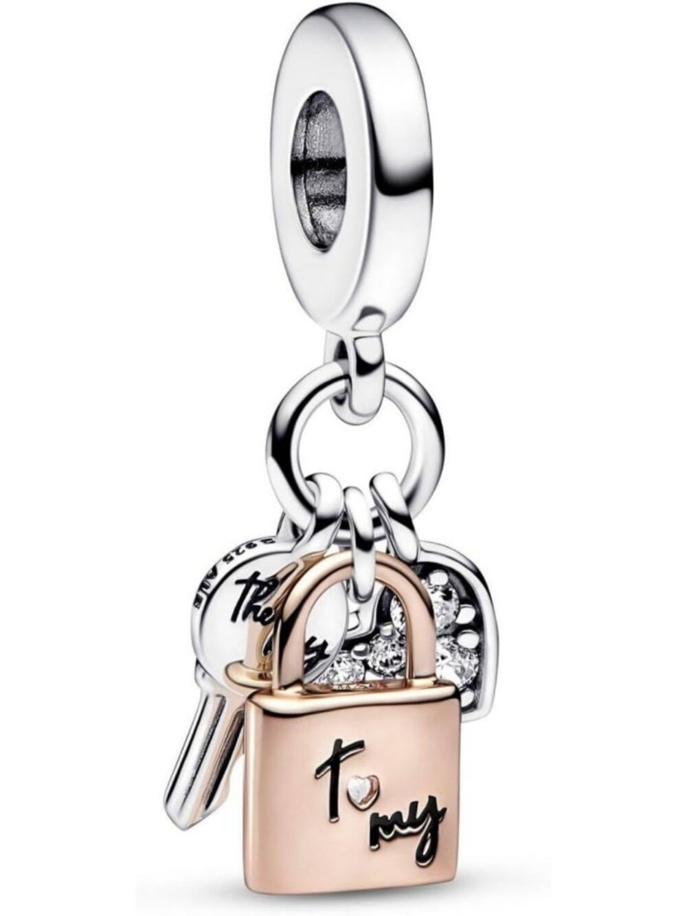 Two-Tone Key, Padlock & Heart Triple Dangle Charm - Unique Jewelry Gift